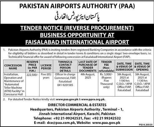 Pakistan Airports Authority Karachi Tender Notice
